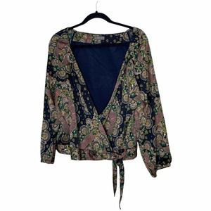 Point Sur Floral Long Sleeve Wrap Side Tie Blouse Multicolor Women's Size M